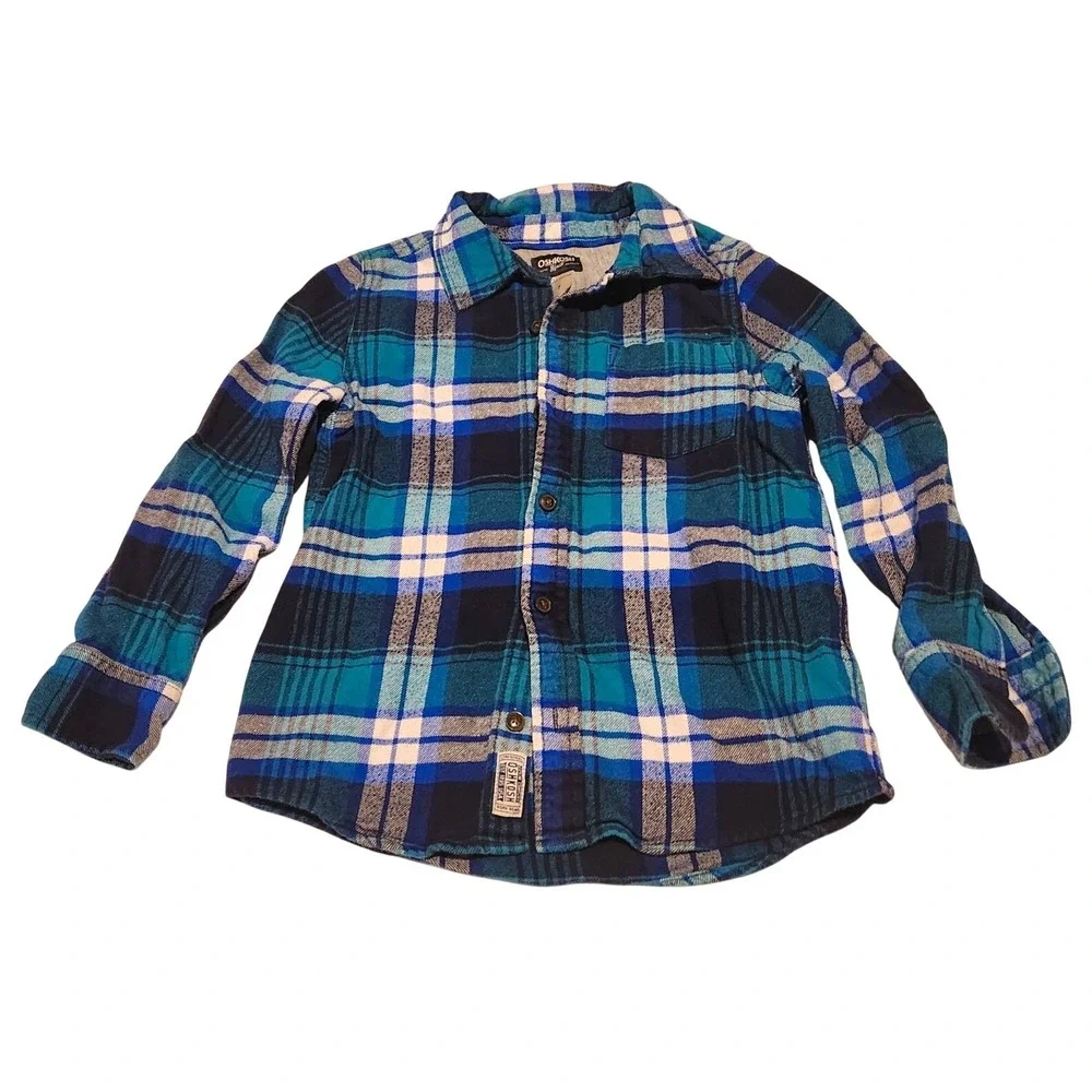 90's Y2K Workwear Grunge Fannel OshKosh B'gosh Boys Blue Green Size 7